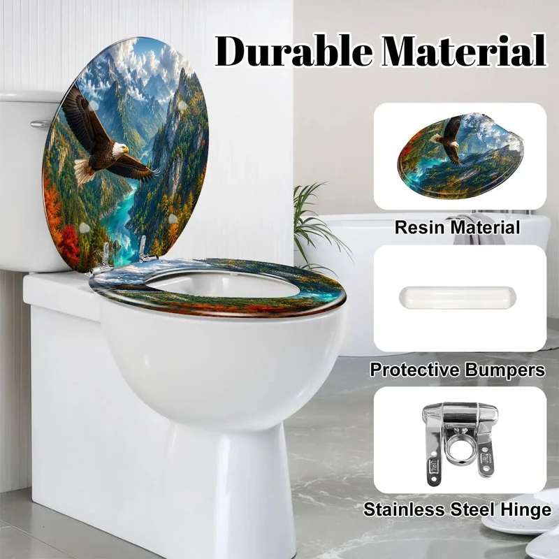 Round Majestic Bald Eagle Soaring Over Scenic Mountain Valley Toilet Seat Built Tough From Heavy Duty Resin With Silent Soft Close Hinges That Drop No Drama Inside