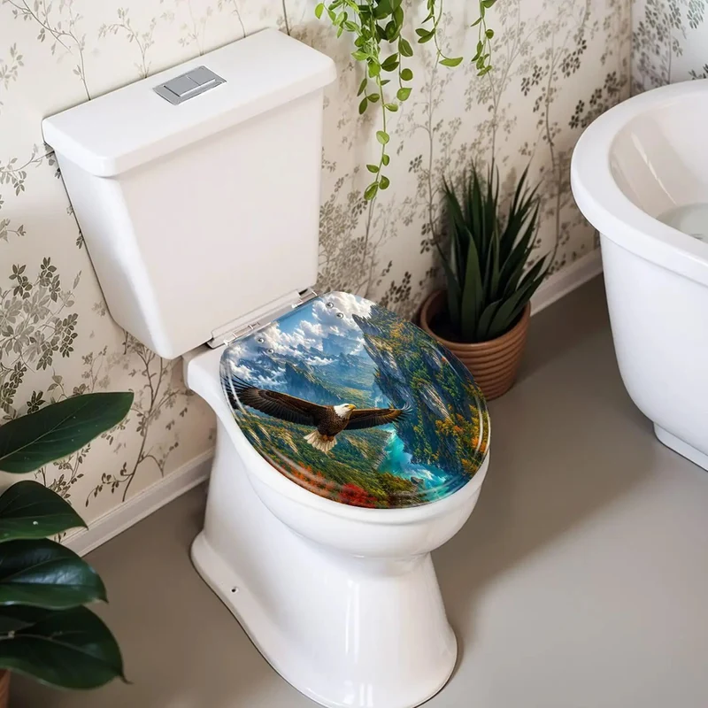 Round Majestic Bald Eagle Soaring Over Scenic Mountain Valley Toilet Seat Built Tough From Heavy Duty Resin With Silent Soft Close Hinges That Drop No Drama Inside