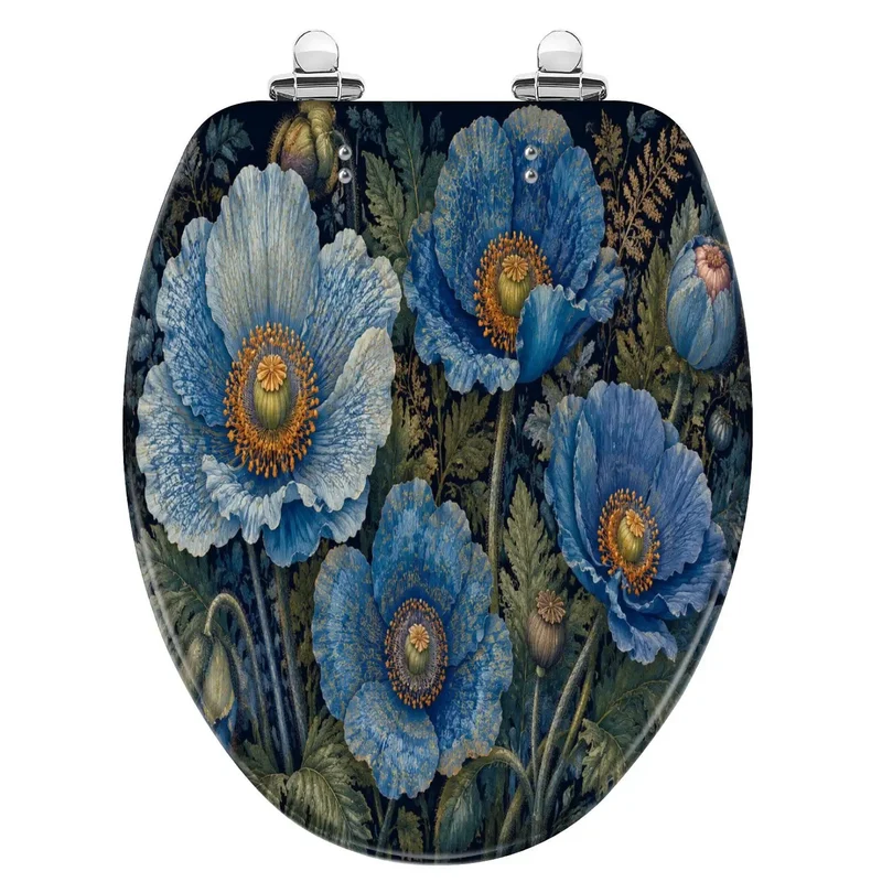 Built Tight Resin Elongated Toilet Seat With Classic Blue Botanical Foliage Print And Smooth Close Mechanisms For A Hassle Free Bathroom Upgrade