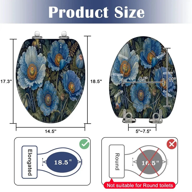 Built Tight Resin Elongated Toilet Seat With Classic Blue Botanical Foliage Print And Smooth Close Mechanisms For A Hassle Free Bathroom Upgrade