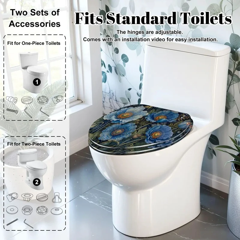Built Tight Resin Elongated Toilet Seat With Classic Blue Botanical Foliage Print And Smooth Close Mechanisms For A Hassle Free Bathroom Upgrade