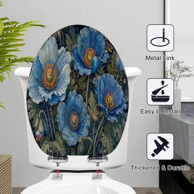 Built Tight Resin Elongated Toilet Seat With Classic Blue Botanical Foliage Print And Smooth Close Mechanisms For A Hassle Free Bathroom Upgrade