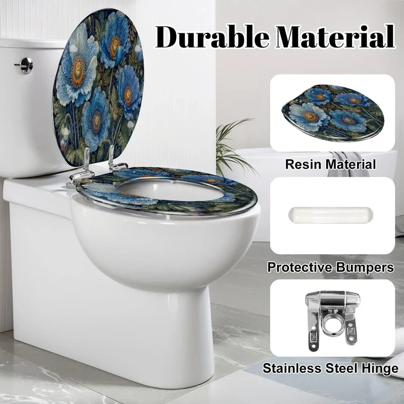 Built Tight Resin Elongated Toilet Seat With Classic Blue Botanical Foliage Print And Smooth Close Mechanisms For A Hassle Free Bathroom Upgrade