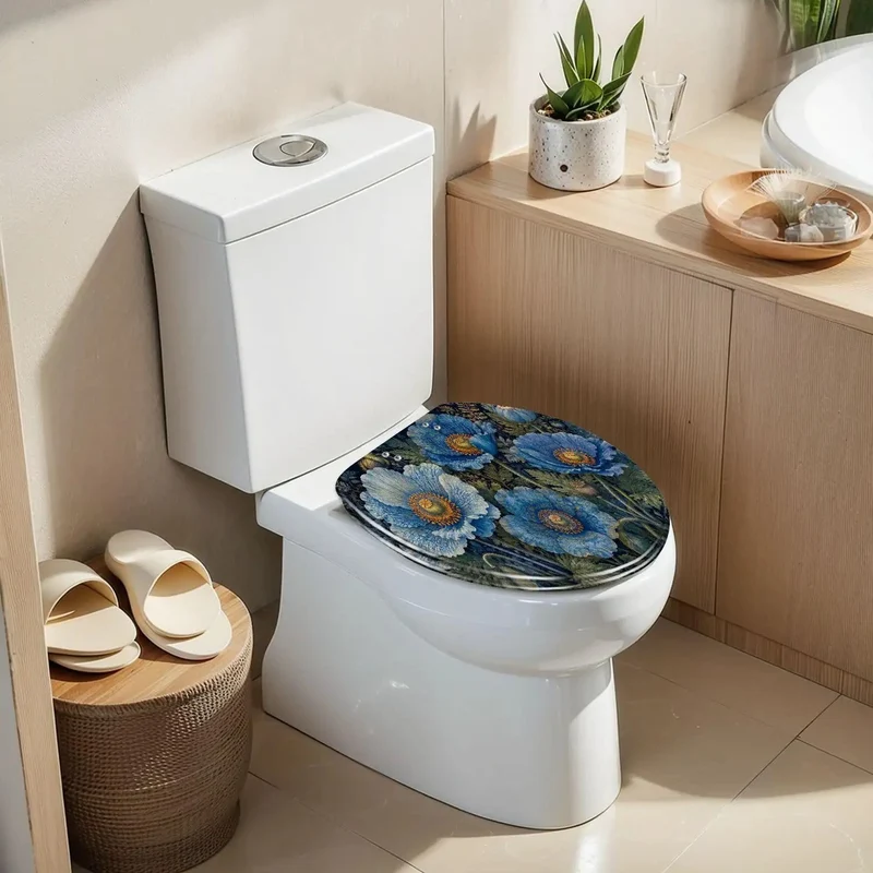 Built Tight Resin Elongated Toilet Seat With Classic Blue Botanical Foliage Print And Smooth Close Mechanisms For A Hassle Free Bathroom Upgrade
