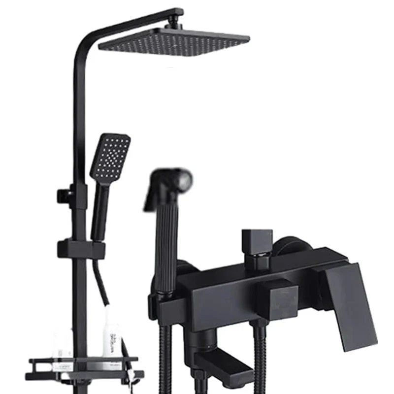 Slick Matte Black Wall Mounted Exposed Shower System Delivering Kickass High Pressure Rain Shower Head And Detachable Handheld Spray Four Function Solid Brass Tub Faucet Set