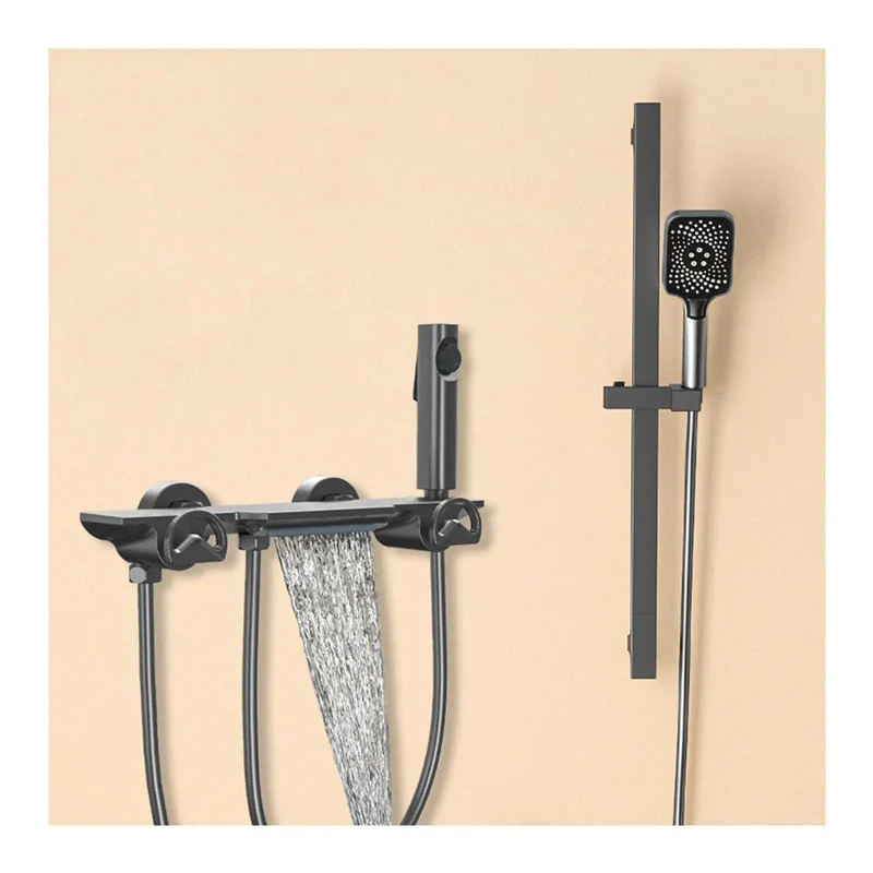 Wall Mounted Shower System Featuring Adjustable Height Handheld Head Plus Waterfall Tub Spout Premium Sleek Bathroom Shower Mixers Set For Totally No Sweat Showers