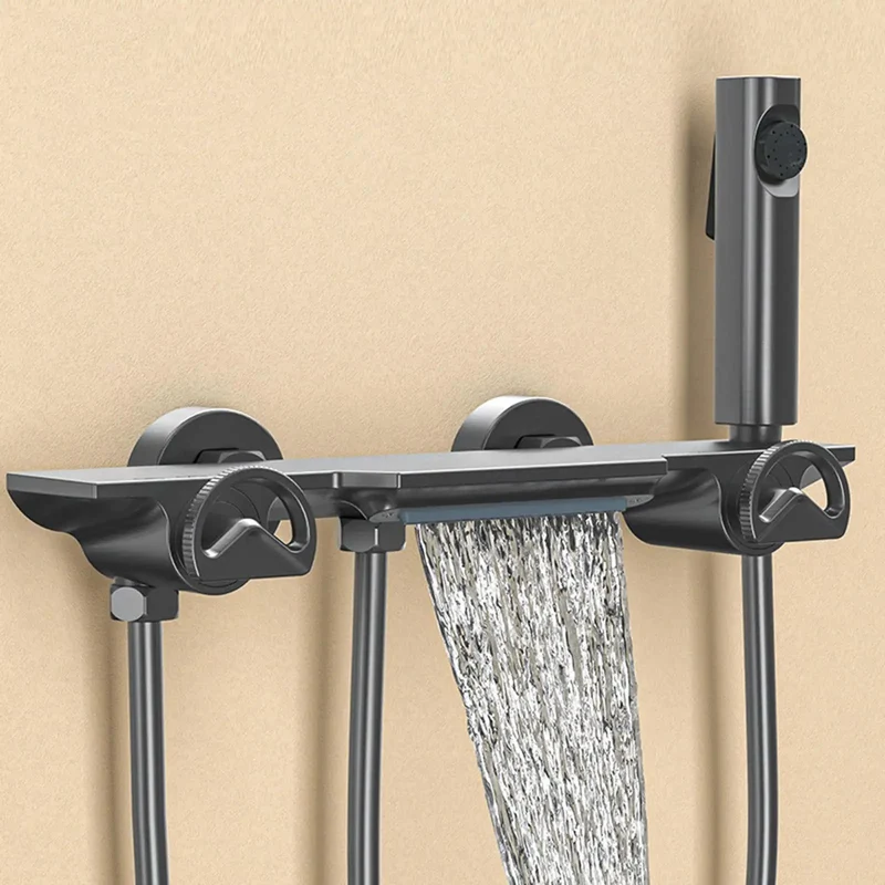 Wall Mounted Shower System Featuring Adjustable Height Handheld Head Plus Waterfall Tub Spout Premium Sleek Bathroom Shower Mixers Set For Totally No Sweat Showers