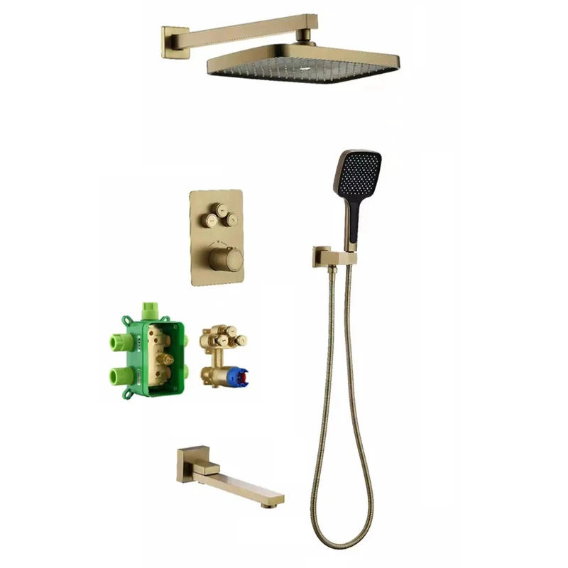 Top Shelf Thermostatic Shower System With Durable Rainfall Head And Sturdy Handheld Sprayer Wall Mounted Bathtub Faucet Set Featuring No Sweat Anti Scald Valve And Easy 180 Degree Swivel In Sleek Brushed Gold