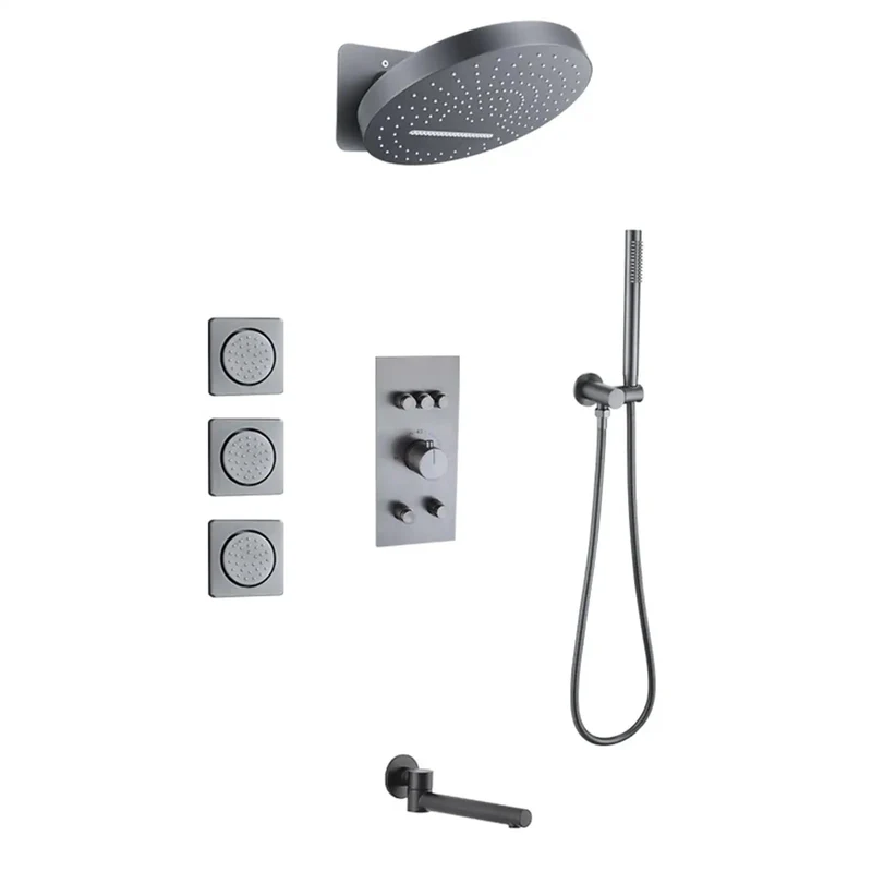 Premium Gray Wall Mounted Shower System With Four Function Rain Head And Handheld Sprayer Featuring Slick Inwall Design For A Clean Bathroom Setup That Really Hits Different