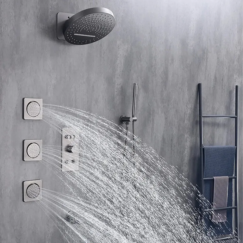 Premium Gray Wall Mounted Shower System With Four Function Rain Head And Handheld Sprayer Featuring Slick Inwall Design For A Clean Bathroom Setup That Really Hits Different