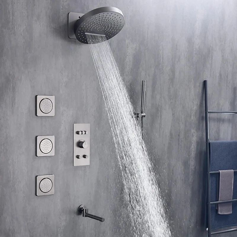 Premium Gray Wall Mounted Shower System With Four Function Rain Head And Handheld Sprayer Featuring Slick Inwall Design For A Clean Bathroom Setup That Really Hits Different