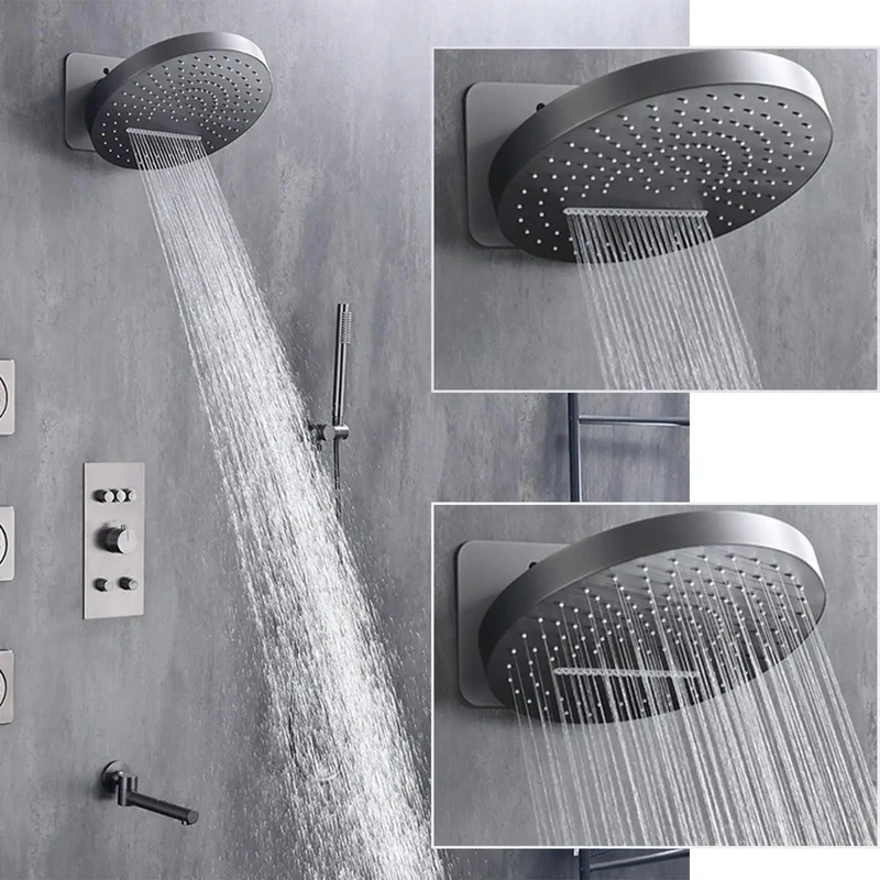 Premium Gray Wall Mounted Shower System With Four Function Rain Head And Handheld Sprayer Featuring Slick Inwall Design For A Clean Bathroom Setup That Really Hits Different