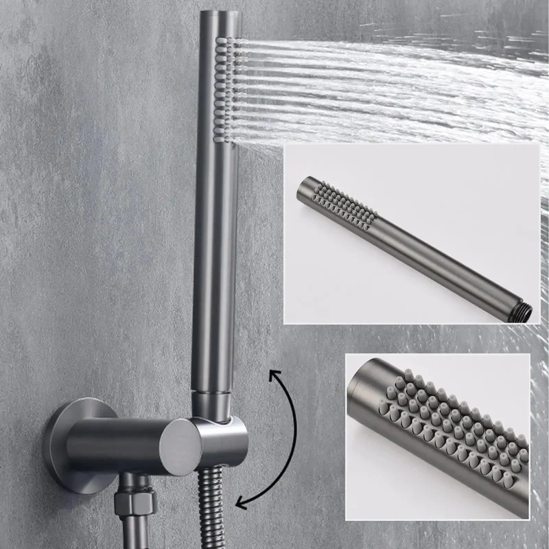 Premium Gray Wall Mounted Shower System With Four Function Rain Head And Handheld Sprayer Featuring Slick Inwall Design For A Clean Bathroom Setup That Really Hits Different