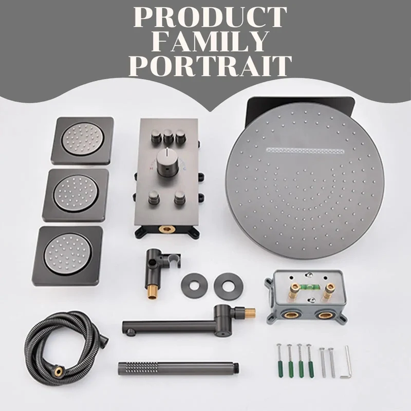 Premium Gray Wall Mounted Shower System With Four Function Rain Head And Handheld Sprayer Featuring Slick Inwall Design For A Clean Bathroom Setup That Really Hits Different
