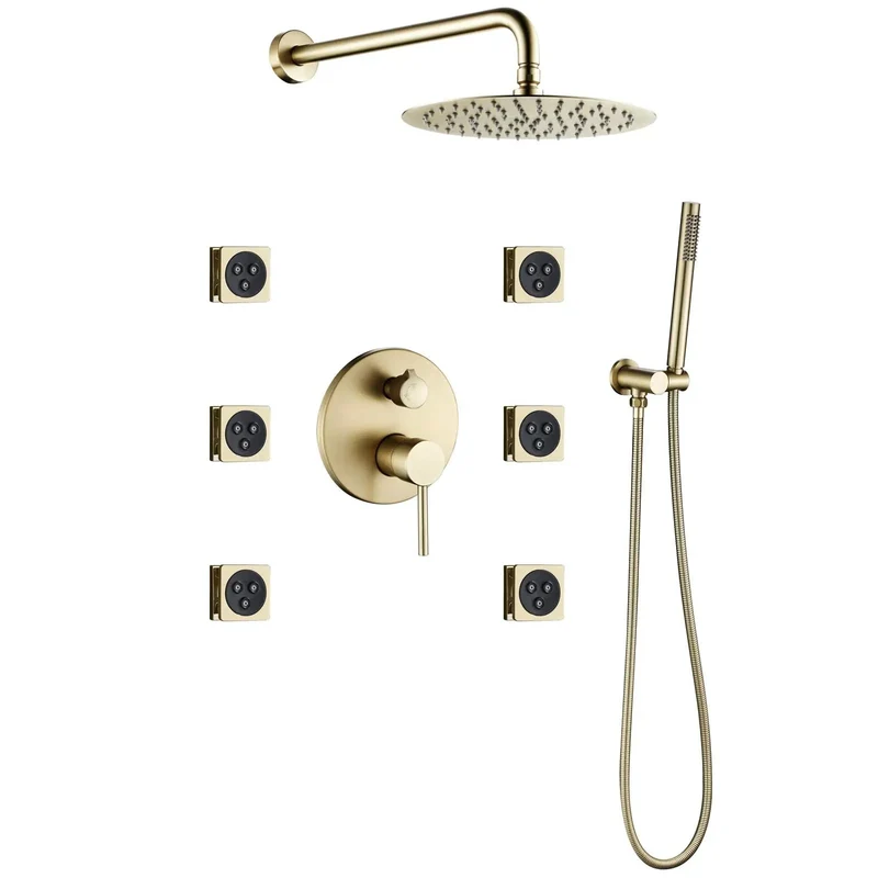 Top Shelf 8 Inch Rain Shower System With Handheld Sprayer And Six Brushed Gold Body Jets Hidden Wall Mount Bathroom Shower Head Combo Set Durable Brass Construction For Luxury Bath Experience