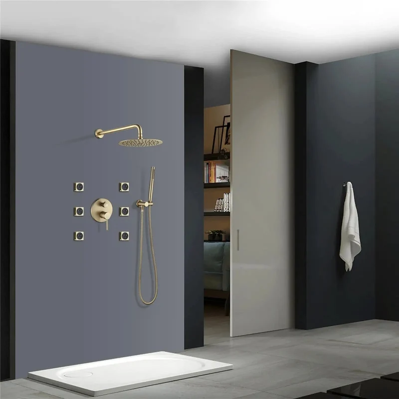 Top Shelf 8 Inch Rain Shower System With Handheld Sprayer And Six Brushed Gold Body Jets Hidden Wall Mount Bathroom Shower Head Combo Set Durable Brass Construction For Luxury Bath Experience