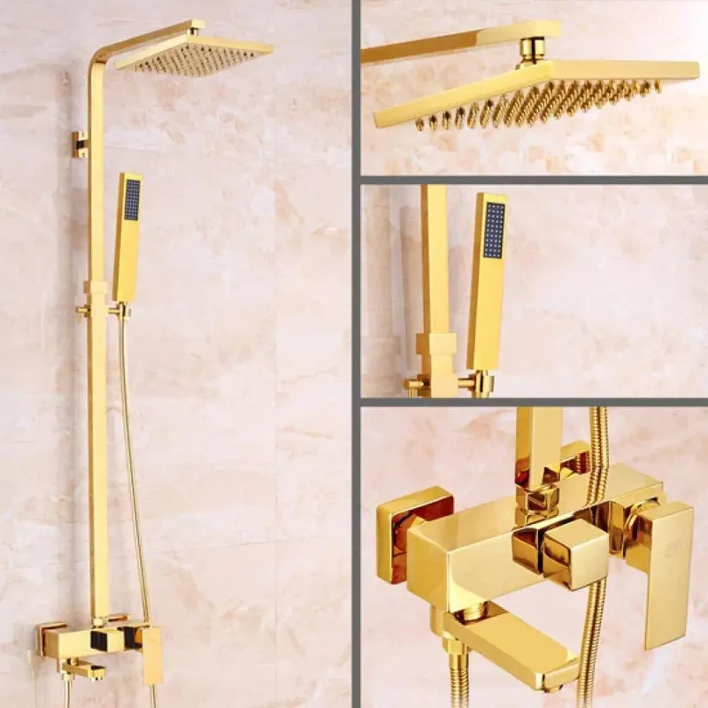 Heavy Hitter Golden Brass Shower System With Slick Eight Inch Rain Head And Smooth Single Lever Valve Featuring No Drip Ceramic Core Adjustable Hand Sprayer And Tub Spout For Instant Spa Vibes
