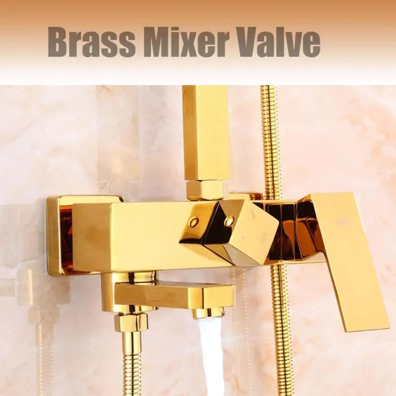Heavy Hitter Golden Brass Shower System With Slick Eight Inch Rain Head And Smooth Single Lever Valve Featuring No Drip Ceramic Core Adjustable Hand Sprayer And Tub Spout For Instant Spa Vibes