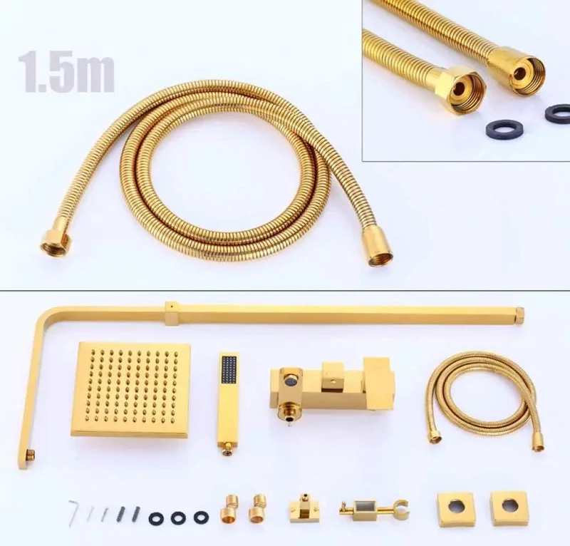 Heavy Hitter Golden Brass Shower System With Slick Eight Inch Rain Head And Smooth Single Lever Valve Featuring No Drip Ceramic Core Adjustable Hand Sprayer And Tub Spout For Instant Spa Vibes