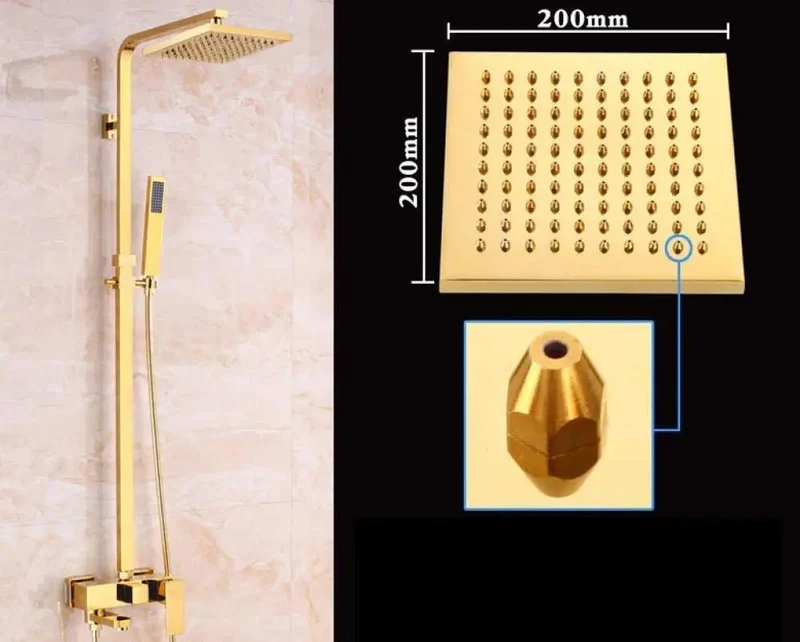 Heavy Hitter Golden Brass Shower System With Slick Eight Inch Rain Head And Smooth Single Lever Valve Featuring No Drip Ceramic Core Adjustable Hand Sprayer And Tub Spout For Instant Spa Vibes
