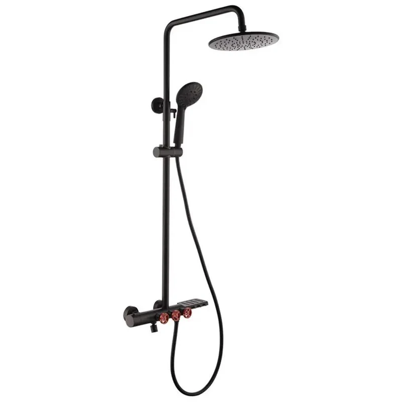 Slick Black And Gold Bathroom Shower Set With Heavy Duty Concealed Mixer Valve And Three Way Rainfall Showerhead System For A Top Tier Soaking Setup You Will Straight Up Adore