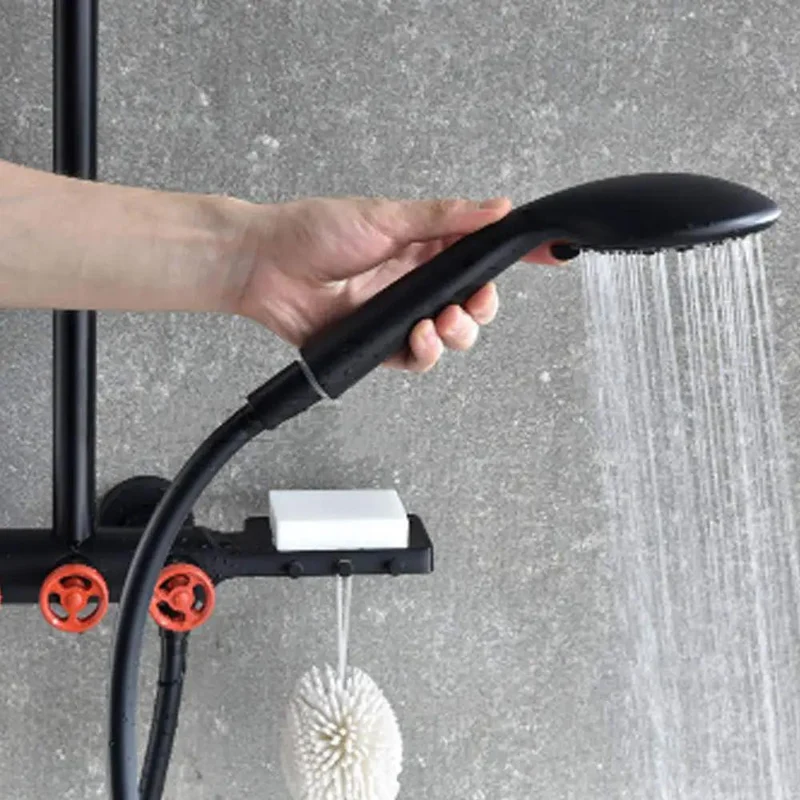 Slick Black And Gold Bathroom Shower Set With Heavy Duty Concealed Mixer Valve And Three Way Rainfall Showerhead System For A Top Tier Soaking Setup You Will Straight Up Adore