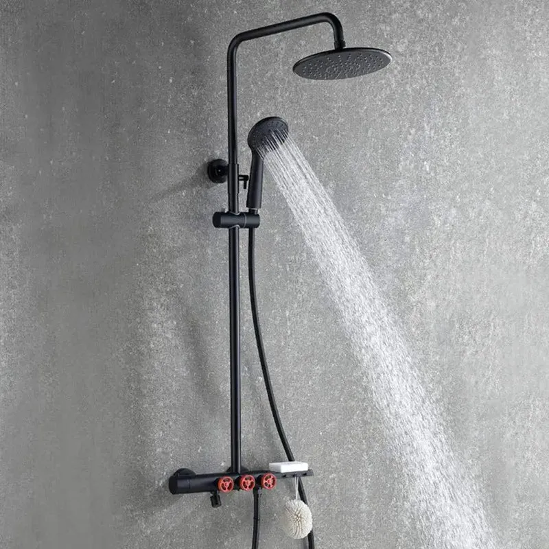 Slick Black And Gold Bathroom Shower Set With Heavy Duty Concealed Mixer Valve And Three Way Rainfall Showerhead System For A Top Tier Soaking Setup You Will Straight Up Adore