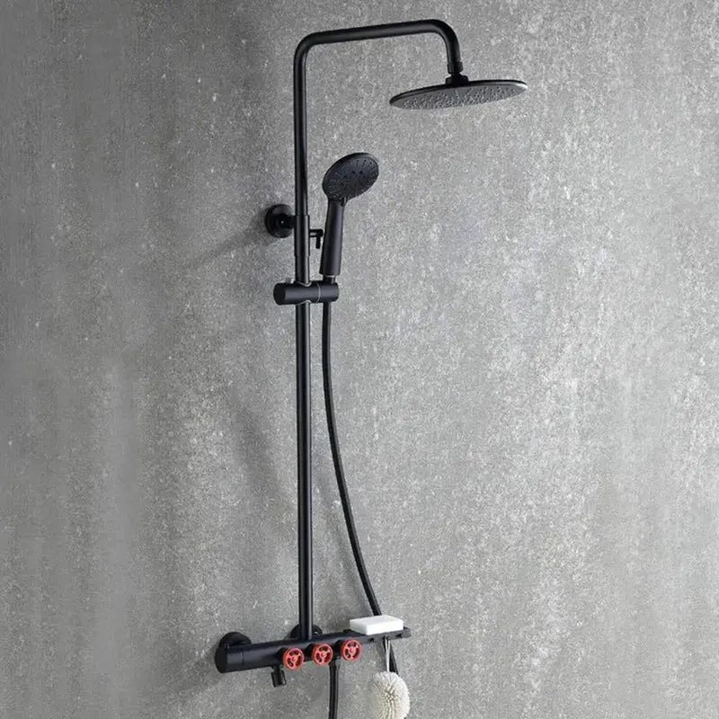 Slick Black And Gold Bathroom Shower Set With Heavy Duty Concealed Mixer Valve And Three Way Rainfall Showerhead System For A Top Tier Soaking Setup You Will Straight Up Adore