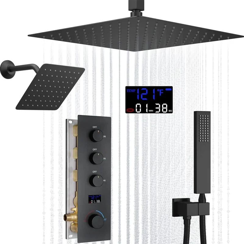 Complete Slick Matte Black Heavy Duty Brass Dual Rainfall Shower System Featuring Straight Up Digital Fahrenheit Temp Gauge And Smooth High Pressure Flow