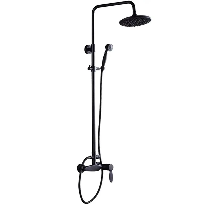 Premium Black Shower System With Slick Single Handle Faucet And Kickin Round Rain Head Paired With Versatile Handheld Wand Featuring Drip Free Ceramic Valve For Deep Pressure Massage Vibes In The Bathroom