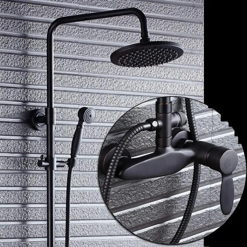 Premium Black Shower System With Slick Single Handle Faucet And Kickin Round Rain Head Paired With Versatile Handheld Wand Featuring Drip Free Ceramic Valve For Deep Pressure Massage Vibes In The Bathroom