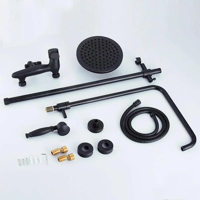 Premium Black Shower System With Slick Single Handle Faucet And Kickin Round Rain Head Paired With Versatile Handheld Wand Featuring Drip Free Ceramic Valve For Deep Pressure Massage Vibes In The Bathroom