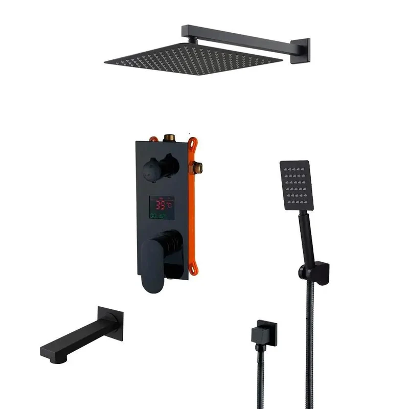 Slick Matte Black Wall Mounted Shower System With Led Digital Display And Concealed Faucet Featuring Three Way Water Switch A Broad Rain Shower Head Handheld Sprayer And Tub Spout To Give Your Bathroom Major Vibe