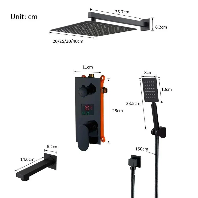 Slick Matte Black Wall Mounted Shower System With Led Digital Display And Concealed Faucet Featuring Three Way Water Switch A Broad Rain Shower Head Handheld Sprayer And Tub Spout To Give Your Bathroom Major Vibe