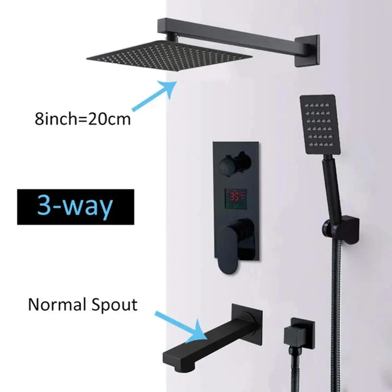 Slick Matte Black Wall Mounted Shower System With Led Digital Display And Concealed Faucet Featuring Three Way Water Switch A Broad Rain Shower Head Handheld Sprayer And Tub Spout To Give Your Bathroom Major Vibe