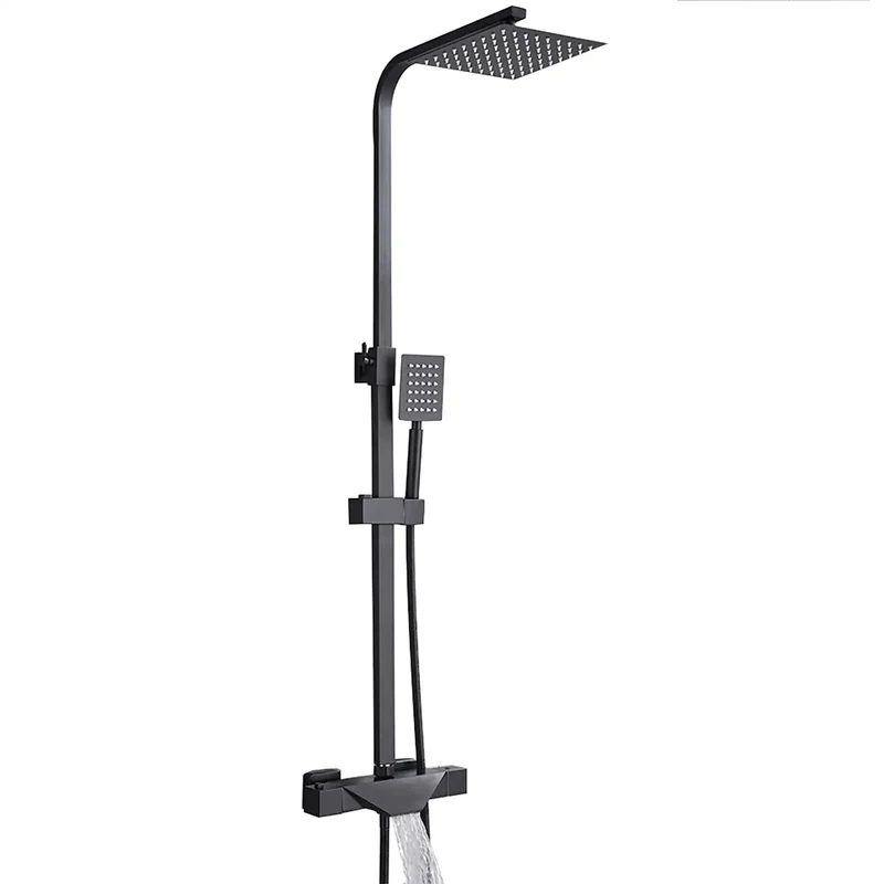 Heavy Duty 8 Inch Black Shower System With Thermostatic Waterfall Faucet And Wall Mounted Brass Combo Featuring Killer Rainfall Head Handheld Sprayer And Sleek Tub Spout For Modern Bathrooms