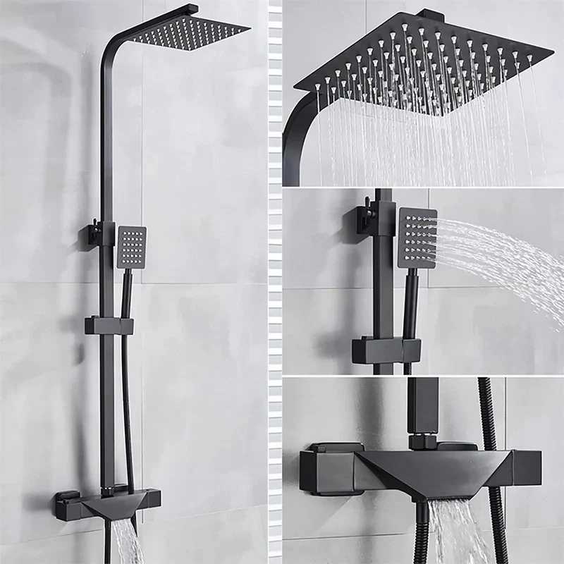 Heavy Duty 8 Inch Black Shower System With Thermostatic Waterfall Faucet And Wall Mounted Brass Combo Featuring Killer Rainfall Head Handheld Sprayer And Sleek Tub Spout For Modern Bathrooms