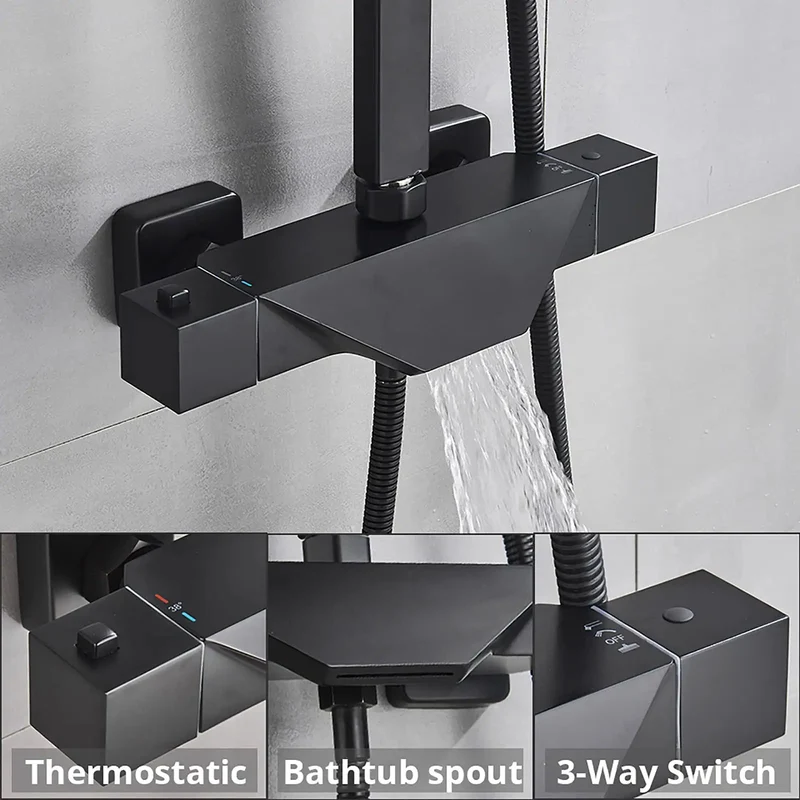 Heavy Duty 8 Inch Black Shower System With Thermostatic Waterfall Faucet And Wall Mounted Brass Combo Featuring Killer Rainfall Head Handheld Sprayer And Sleek Tub Spout For Modern Bathrooms