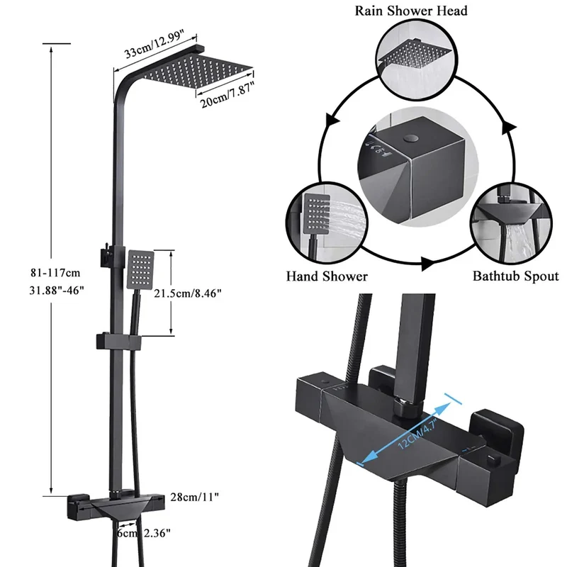 Heavy Duty 8 Inch Black Shower System With Thermostatic Waterfall Faucet And Wall Mounted Brass Combo Featuring Killer Rainfall Head Handheld Sprayer And Sleek Tub Spout For Modern Bathrooms
