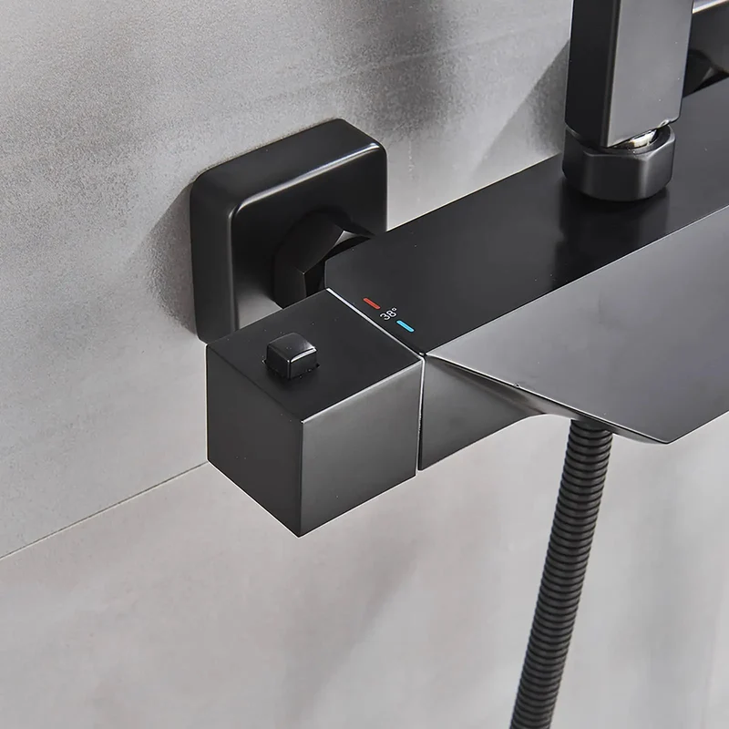 Heavy Duty 8 Inch Black Shower System With Thermostatic Waterfall Faucet And Wall Mounted Brass Combo Featuring Killer Rainfall Head Handheld Sprayer And Sleek Tub Spout For Modern Bathrooms
