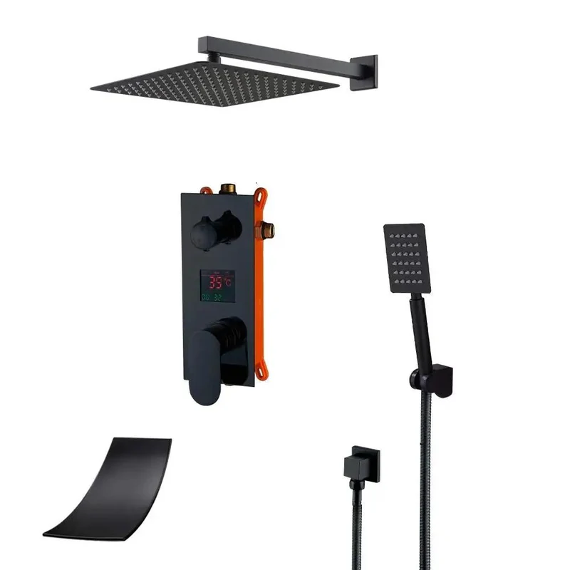 Heavy Duty Matte Black Shower System With Led Digital Display Wall Mounted Bathroom Valve Combo Featuring 16 Inch Rain Shower Head Handheld Sprayer And Waterfall Tub Spout For A Top Shelf Bathroom Upgrade