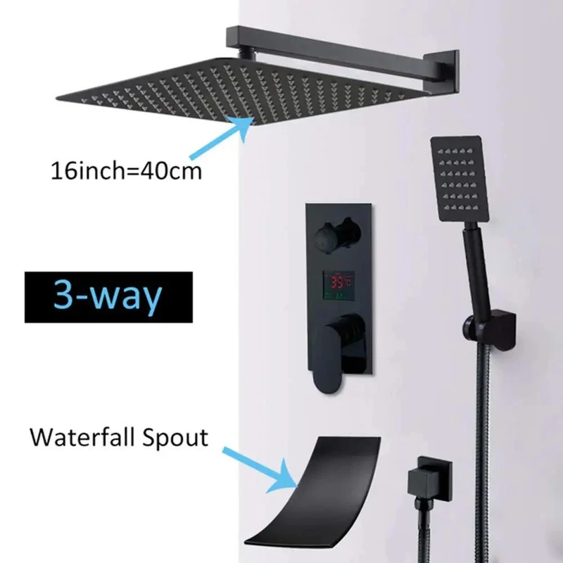 Heavy Duty Matte Black Shower System With Led Digital Display Wall Mounted Bathroom Valve Combo Featuring 16 Inch Rain Shower Head Handheld Sprayer And Waterfall Tub Spout For A Top Shelf Bathroom Upgrade