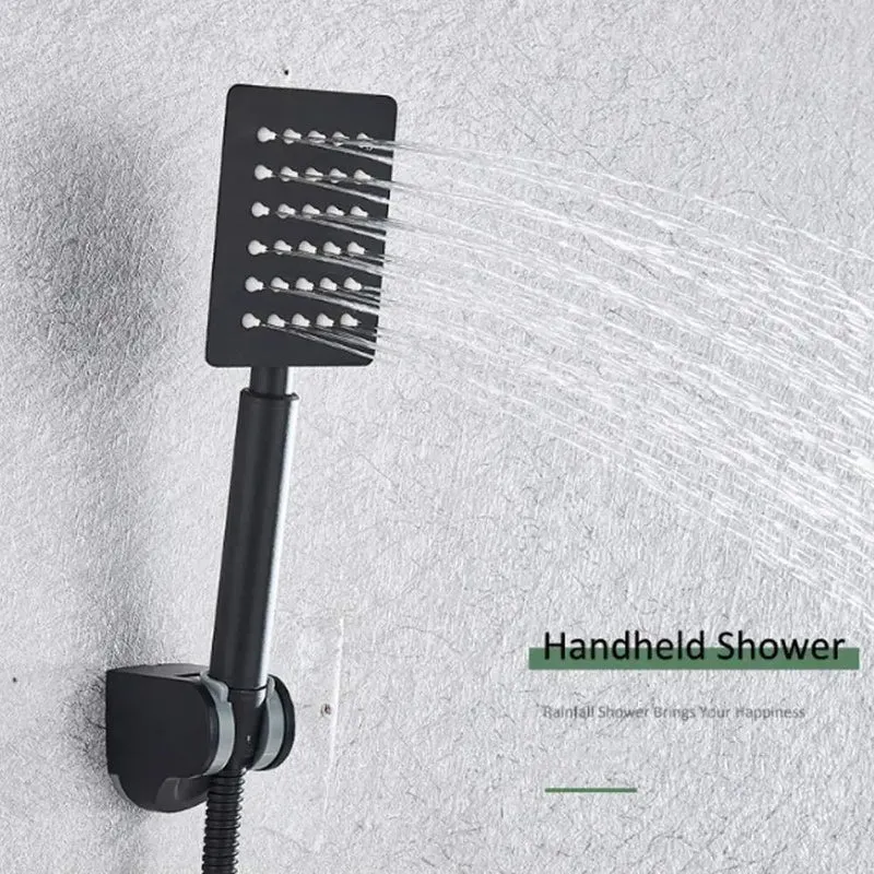 Heavy Duty Matte Black Shower System With Led Digital Display Wall Mounted Bathroom Valve Combo Featuring 16 Inch Rain Shower Head Handheld Sprayer And Waterfall Tub Spout For A Top Shelf Bathroom Upgrade