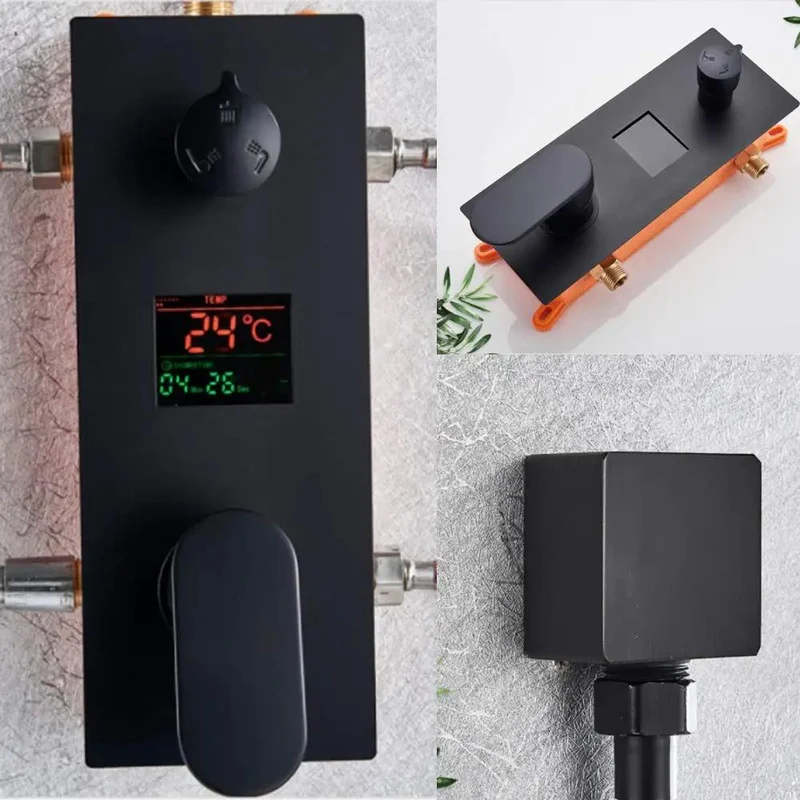 Heavy Duty Matte Black Shower System With Led Digital Display Wall Mounted Bathroom Valve Combo Featuring 16 Inch Rain Shower Head Handheld Sprayer And Waterfall Tub Spout For A Top Shelf Bathroom Upgrade