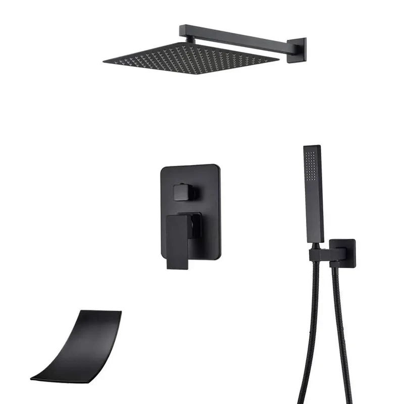 Hella Sleek Wall Mounted Shower System Matte Black Faucet Set With Concealed Bathroom Combo Featuring Solid 8 Inch Rain Head Handheld Sprayer And Waterfall Tub Spout For Straight Up Bath Upgrades