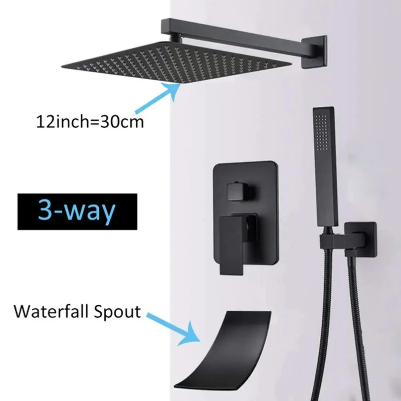 Hella Sleek Wall Mounted Shower System Matte Black Faucet Set With Concealed Bathroom Combo Featuring Solid 8 Inch Rain Head Handheld Sprayer And Waterfall Tub Spout For Straight Up Bath Upgrades