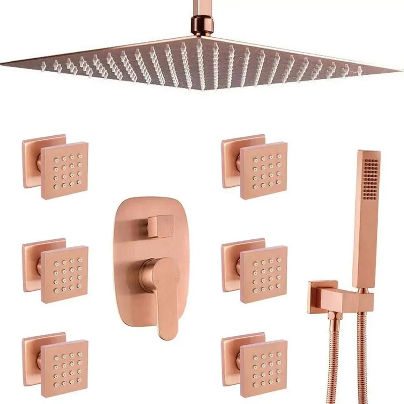 Premium Heavy Duty Brass Bathroom Shower System Boasting Clean Brushed Rose Gold Finish Comes Fully Loaded With Ceiling Mount Rainfall Head Handheld Sprayer And Six Adjustable Body Spray Jets All Wrapped In One No Hassle Slick Mixer Valve Kit