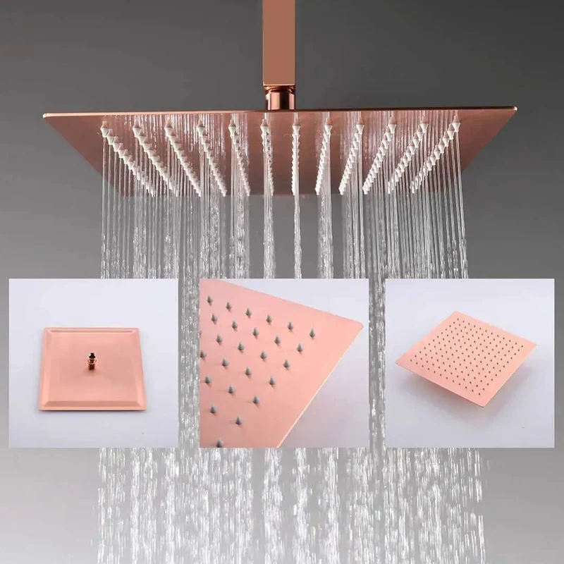Premium Heavy Duty Brass Bathroom Shower System Boasting Clean Brushed Rose Gold Finish Comes Fully Loaded With Ceiling Mount Rainfall Head Handheld Sprayer And Six Adjustable Body Spray Jets All Wrapped In One No Hassle Slick Mixer Valve Kit