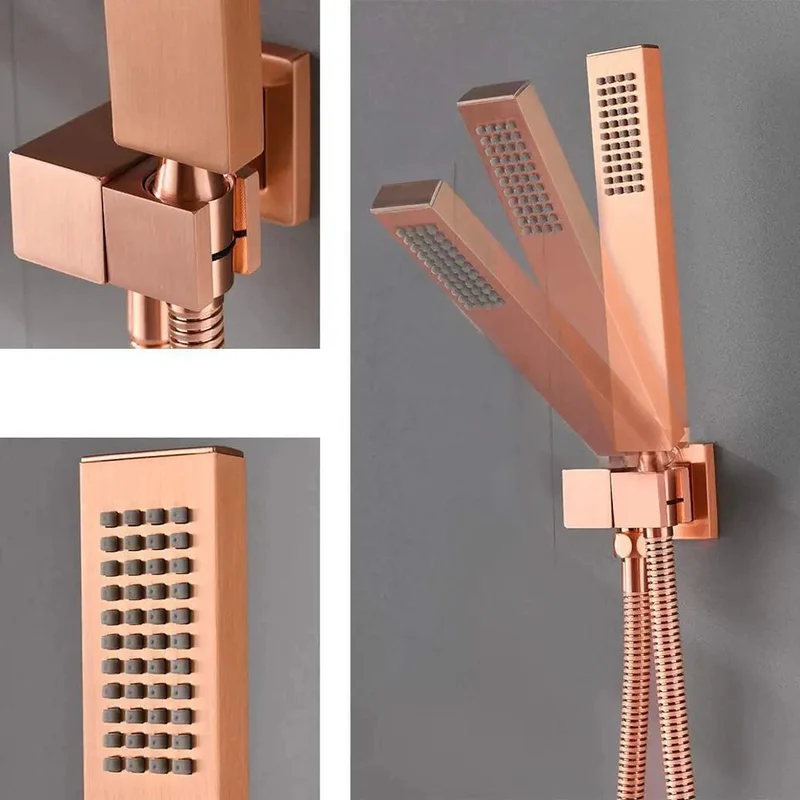 Premium Heavy Duty Brass Bathroom Shower System Boasting Clean Brushed Rose Gold Finish Comes Fully Loaded With Ceiling Mount Rainfall Head Handheld Sprayer And Six Adjustable Body Spray Jets All Wrapped In One No Hassle Slick Mixer Valve Kit