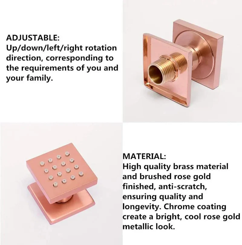 Premium Heavy Duty Brass Bathroom Shower System Boasting Clean Brushed Rose Gold Finish Comes Fully Loaded With Ceiling Mount Rainfall Head Handheld Sprayer And Six Adjustable Body Spray Jets All Wrapped In One No Hassle Slick Mixer Valve Kit
